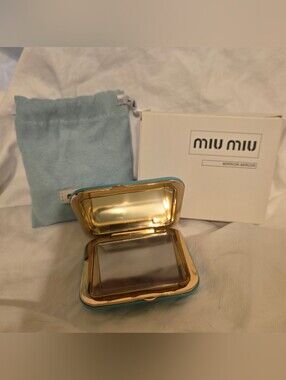 Miu Miu Light Blue and Gold Compact Mirror with Pouch